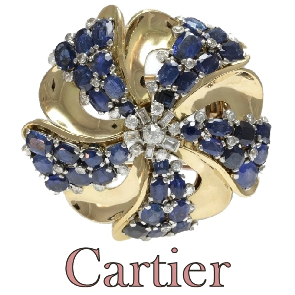 Fifties Signed Cartier Paris pendant brooch buckle with diamonds and sapphires